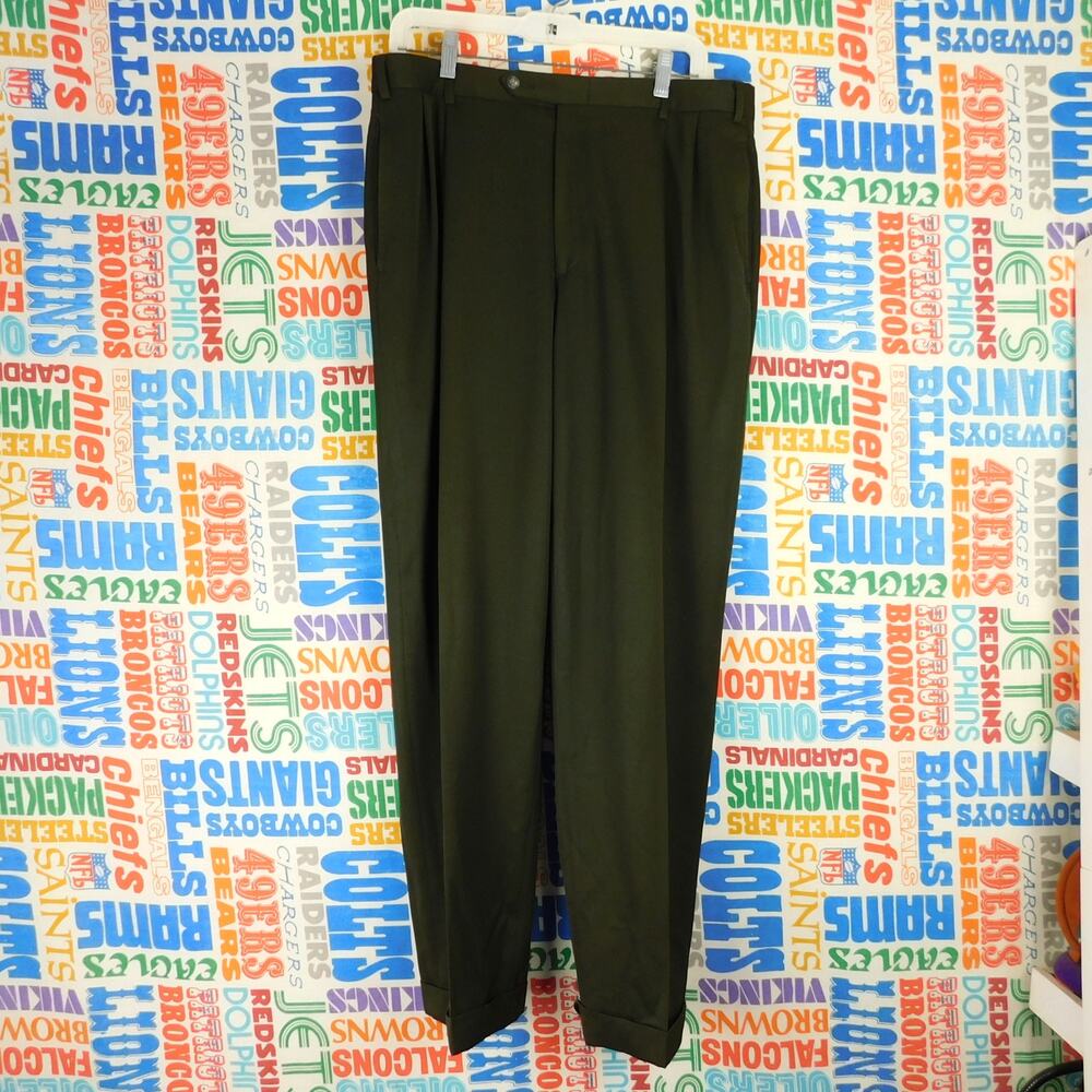 Nordstrom Mens 34R 100% Wool Pleated Cuffed Dress Pants Trousers Green